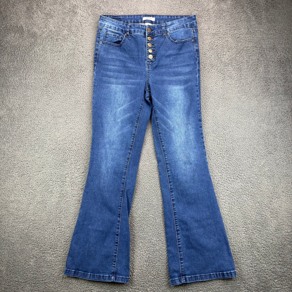 Bleu Women Blue High Rise Button Fly Flare Jeans Size 12 Dark Wash Stretch Denim